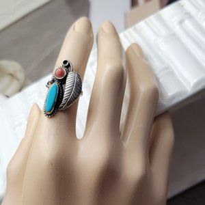 Spiny Oyster & Turquoise sterling silver Ring SZ 4 PINKY FINGER